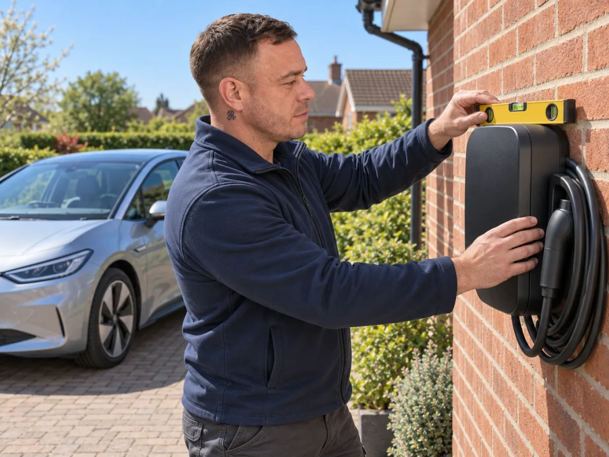 Illustration of Rob mounting a home EV charger on a brick wall by Re-energize Electrical