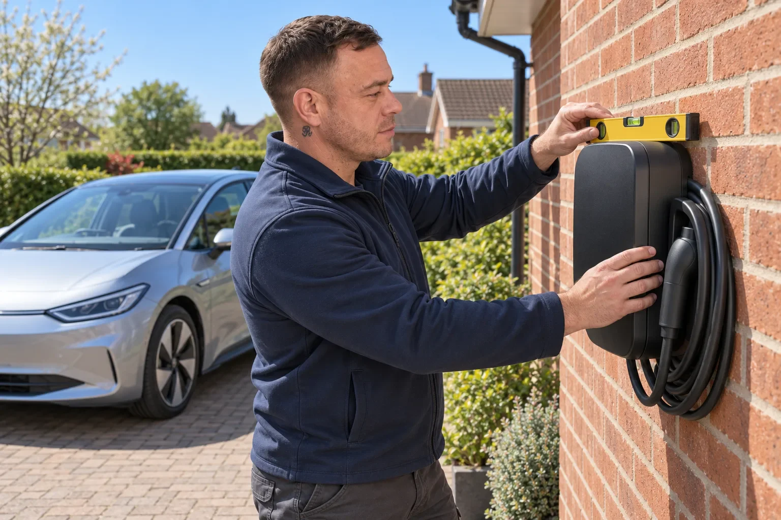 Illustration of Rob mounting a home EV charger on a brick wall by Re-energize Electrical