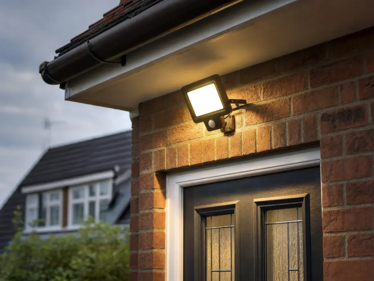 Illustration of a security floodlight above a front door by Re-energize Electrical