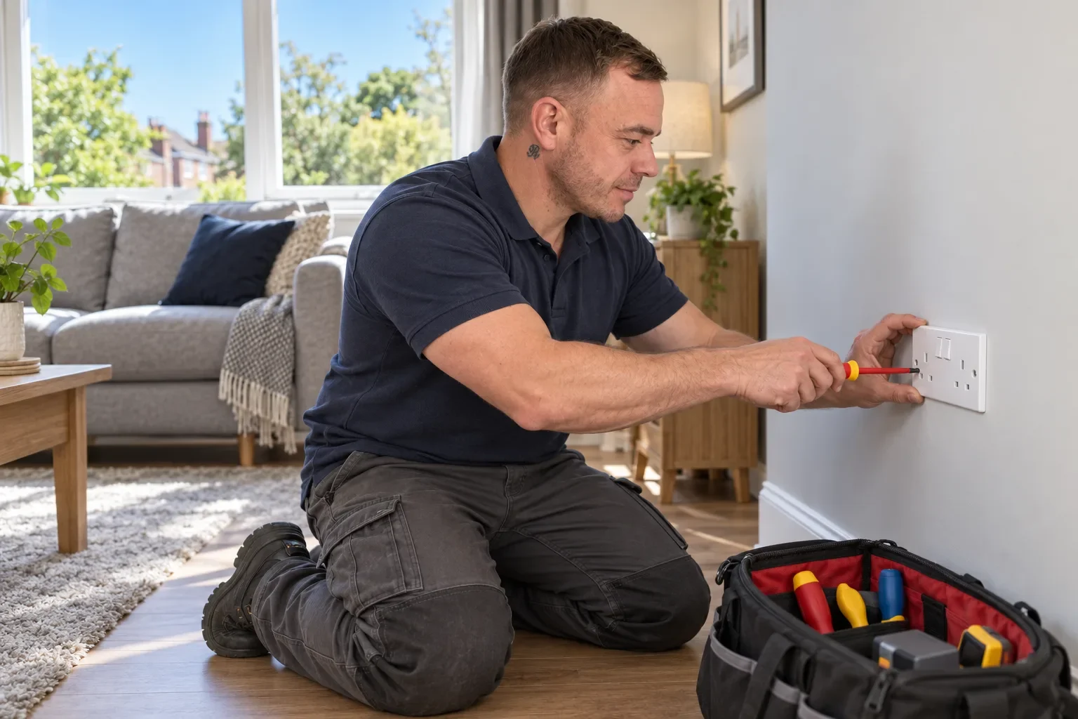 Illustration of Rob fitting a new double socket in a living room