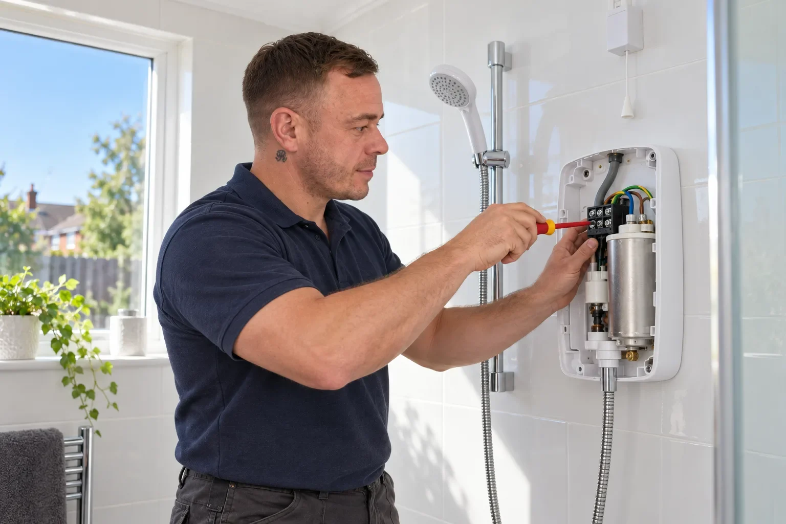 Illustration of Rob fitting an electric shower in a tiled bathroom by Re-energize Electrical