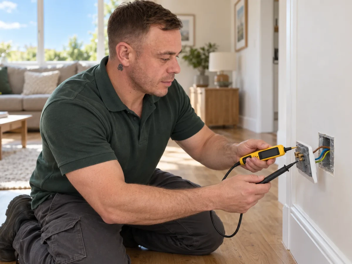Illustration of Rob testing a socket to trace an electrical fault by Re-energize Electrical