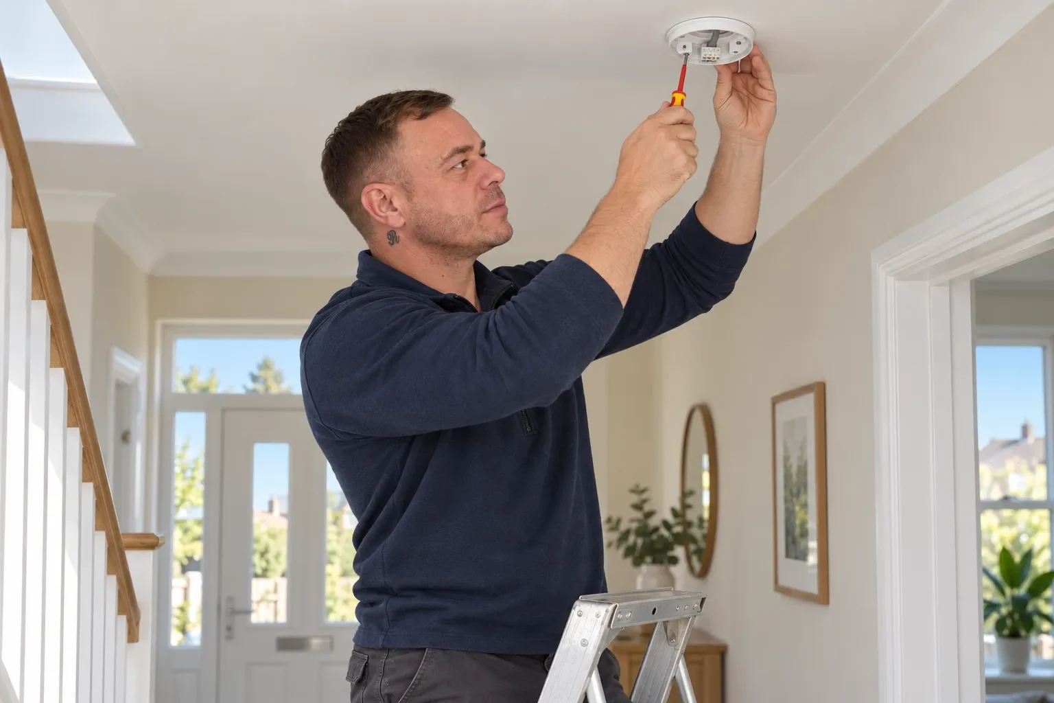 Illustration of Rob fitting a smoke alarm to a hallway ceiling