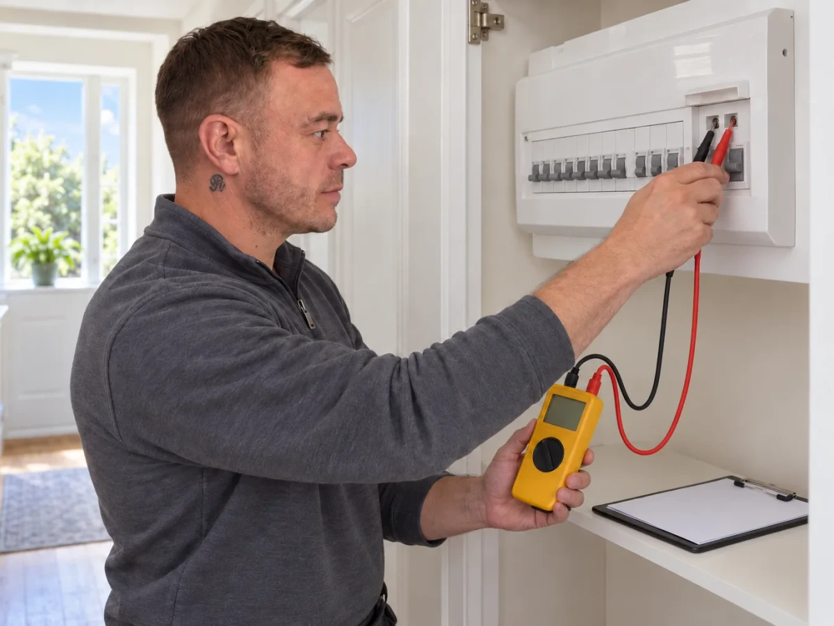 Illustration of Rob testing a consumer unit for an electrical safety report by Re-energize Electrical