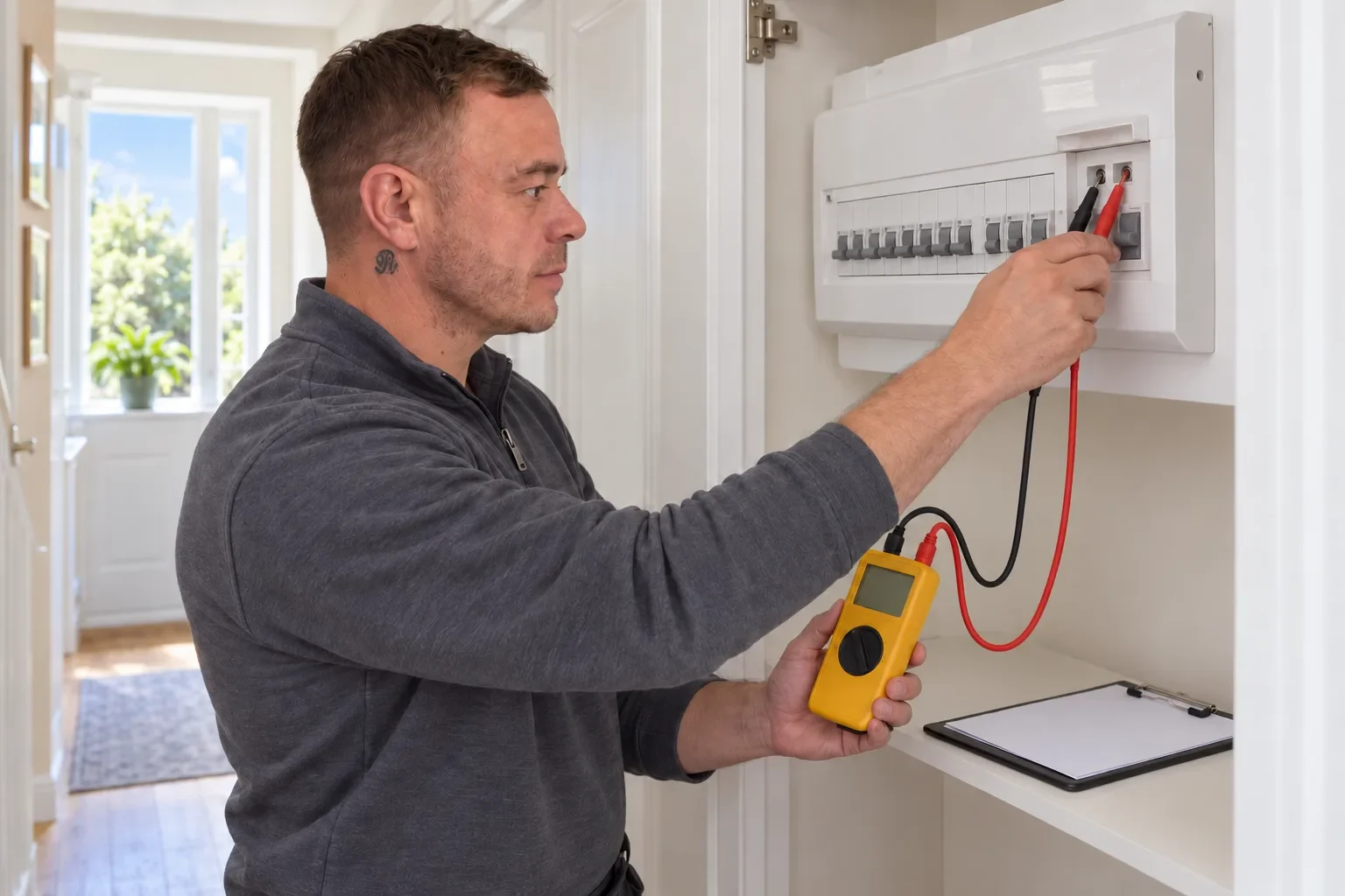 Illustration of Rob testing a consumer unit for an electrical safety report by Re-energize Electrical