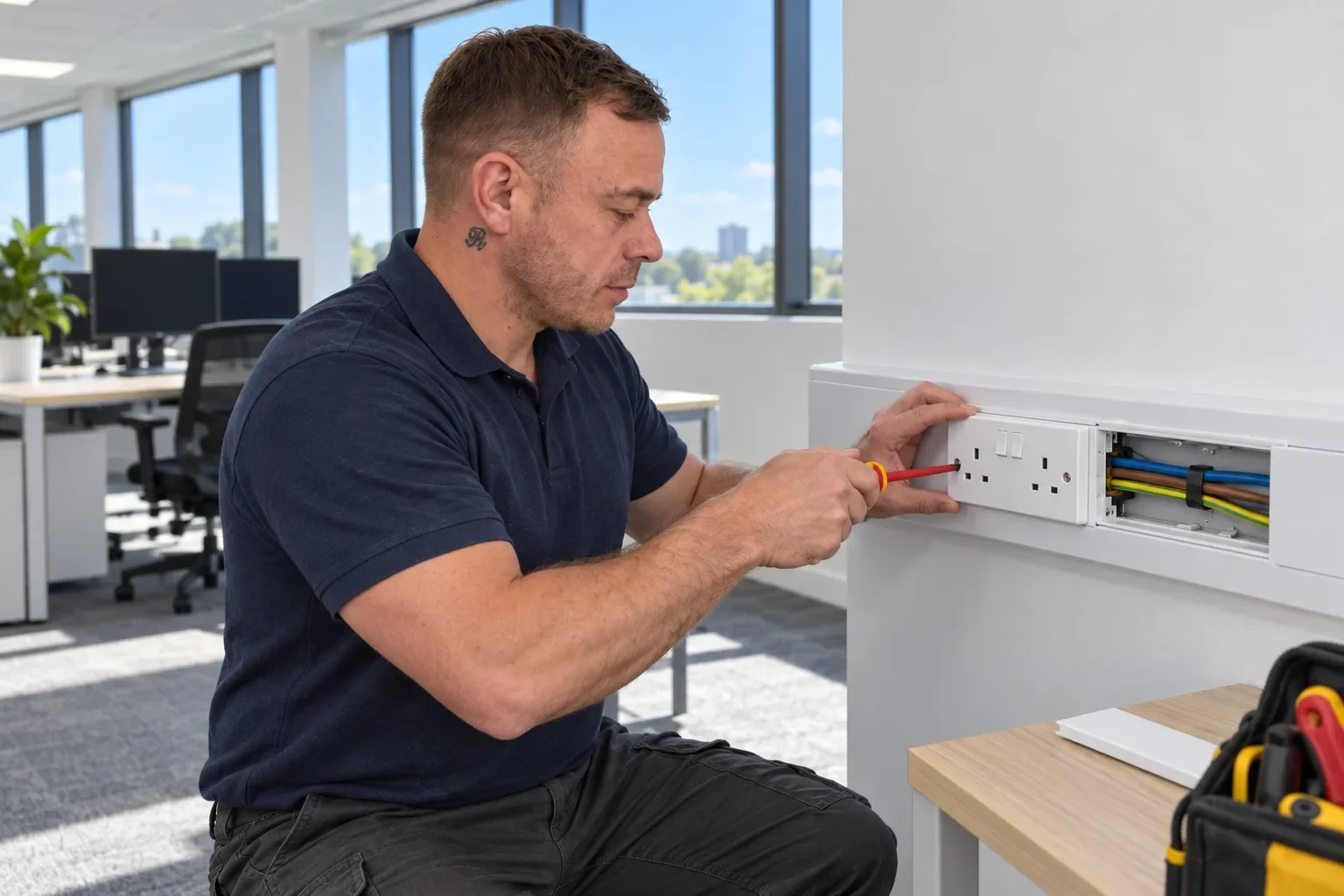 Illustration of Rob fitting a socket into office dado trunking