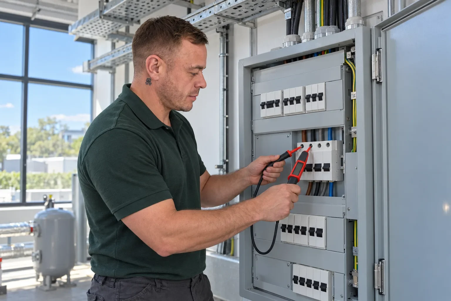 Illustration of Rob checking a commercial distribution board