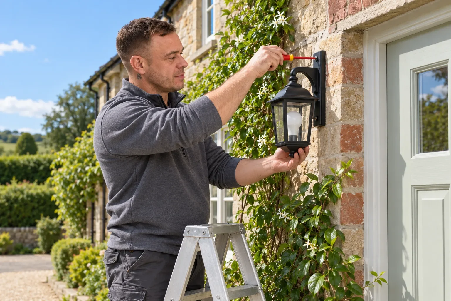 Illustration of Rob fitting an outdoor light beside a cottage door