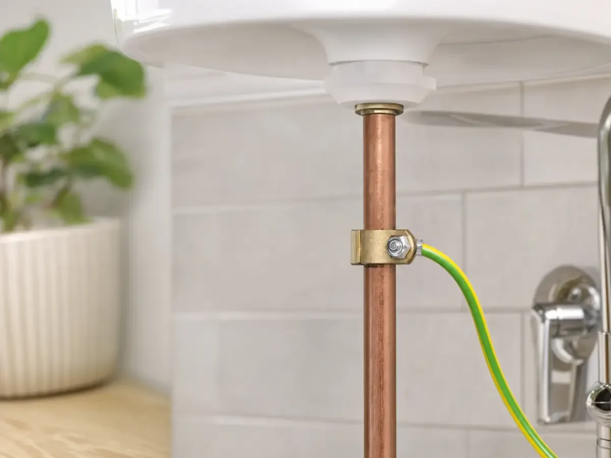 Illustration of an earth bonding clamp on a copper pipe under a sink by Re-energize Electrical