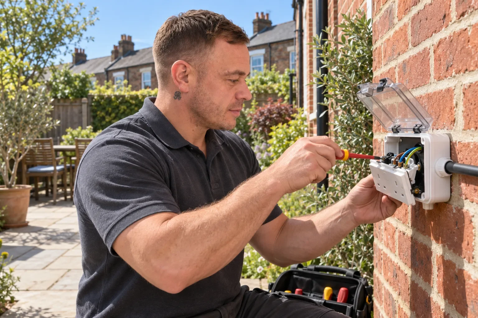 Illustration of Rob fitting an outdoor socket on a brick wall