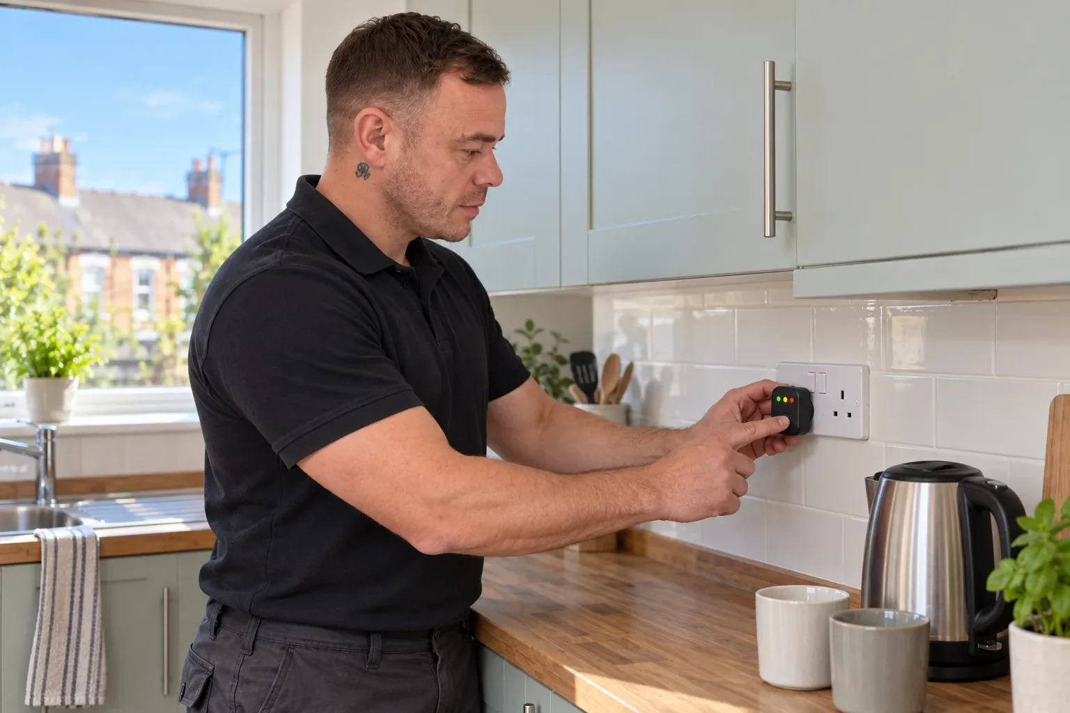 Illustration of Rob testing a kitchen socket