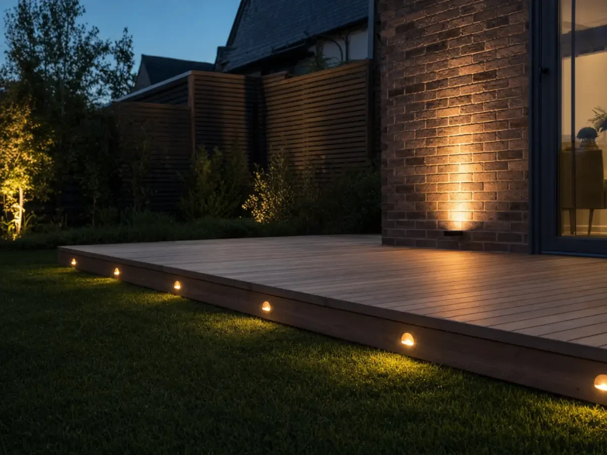 Illustration of deck step lights and a wall uplight at dusk by Re-energize Electrical