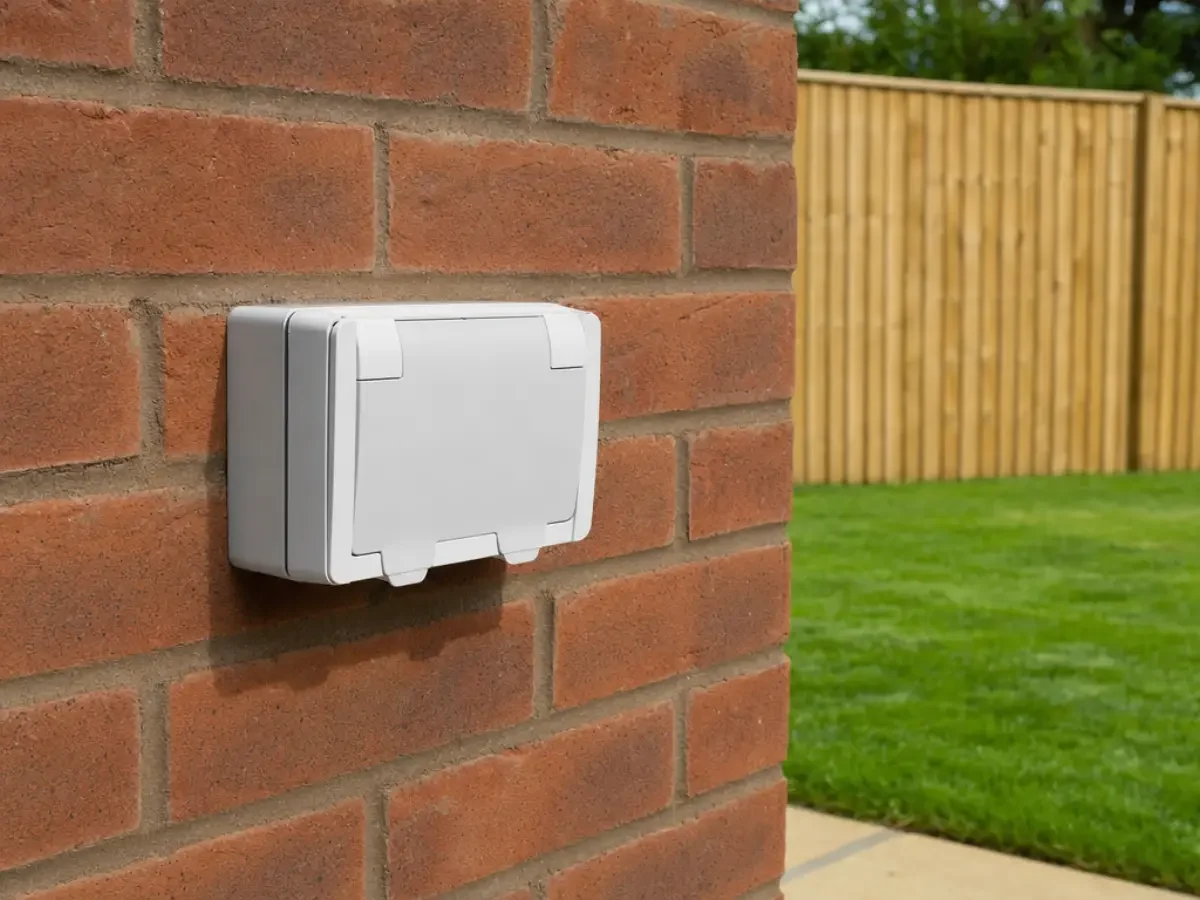 Illustration of a weatherproof outdoor socket on a brick garden wall by Re-energize Electrical