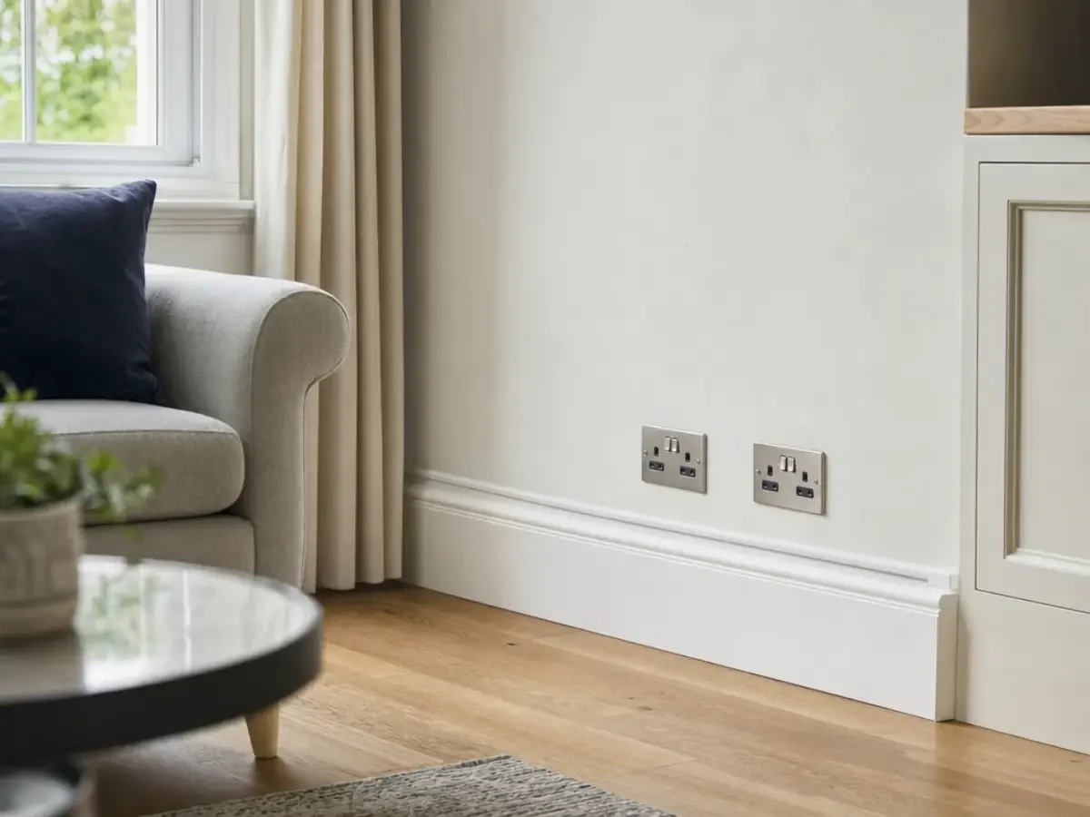 Illustration of new sockets in a living room after a partial rewire by Re-energize Electrical