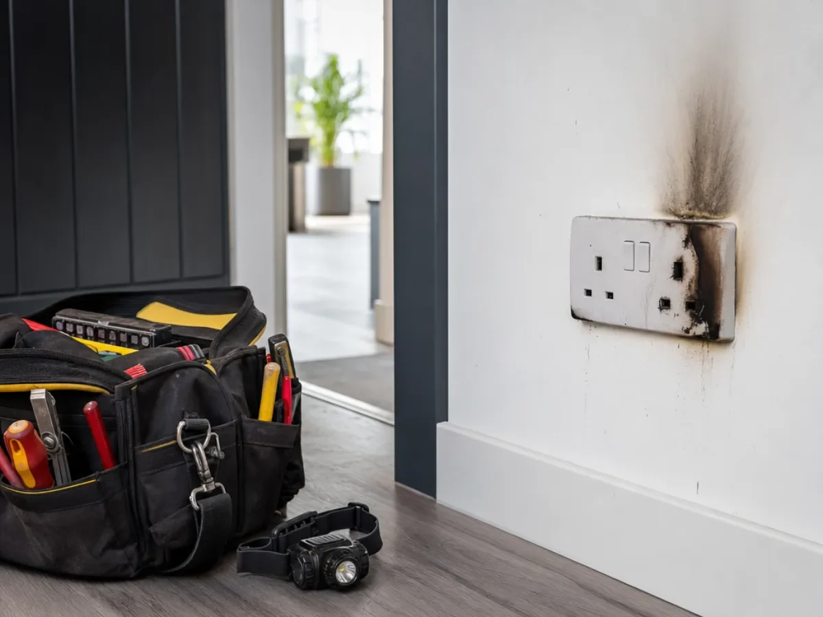 Scorched wall socket beside an electrician's tool bag by Re-energize Electrical