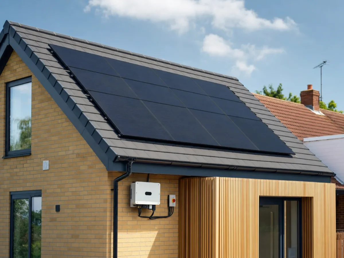Solar panels on a house roof with an inverter on the wall below by Re-energize Electrical