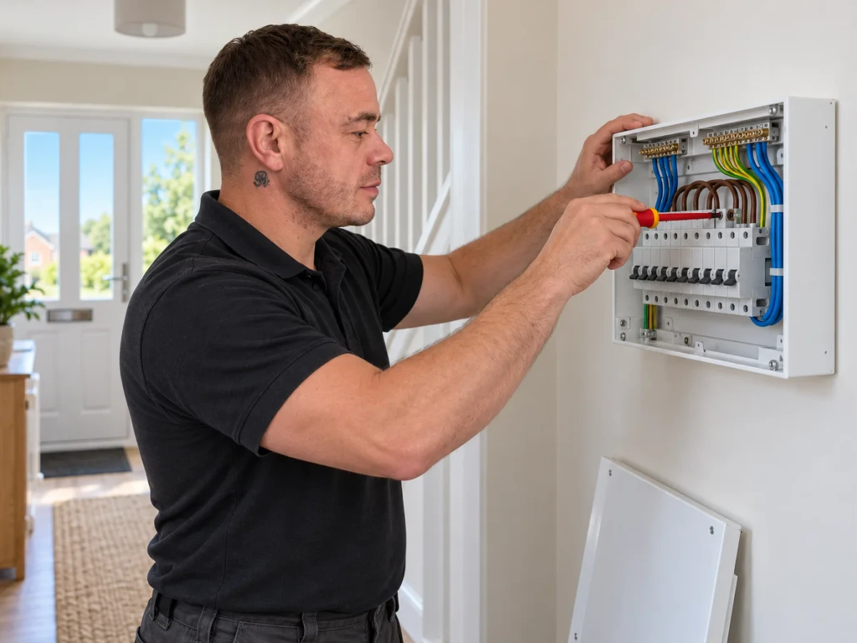 Illustration of Rob fitting a new consumer unit by Re-energize Electrical