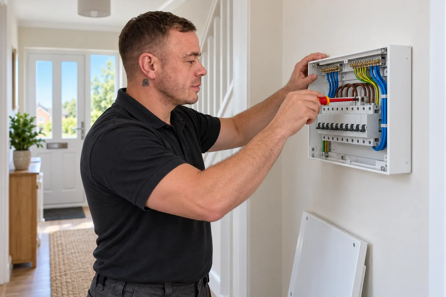 Illustration of Rob fitting a new consumer unit by Re-energize Electrical