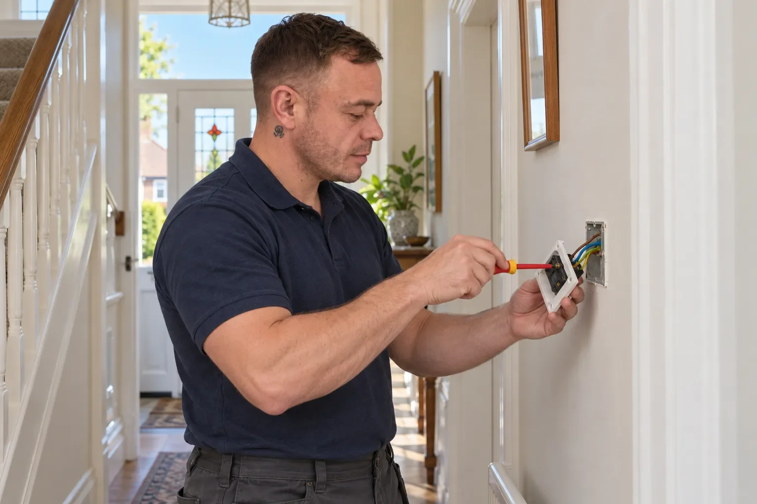 Illustration of Rob replacing a light switch in a hallway